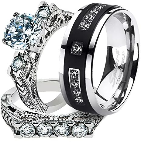 His &amp; Her Stainless Steel 2.95 Ct Cz Bridal Set &amp; Men's Titanium Wedding Band Women's Women's Size 06 Men's Size 09