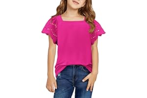 Yoklass Girls Casual Shirts Square Neck Ruffle Sleeve Tops Solid Loose Blouses 5-14 Years