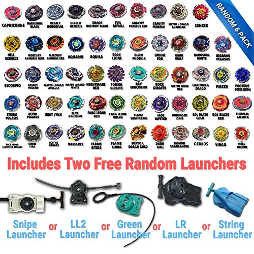 Beyblade Random 6 Pack Grab Bag Metal Fusion, Metal Fury, Metal Master Series Equipped w/ Two Free Launcher Collect them all and Let it Rip USA Seller
