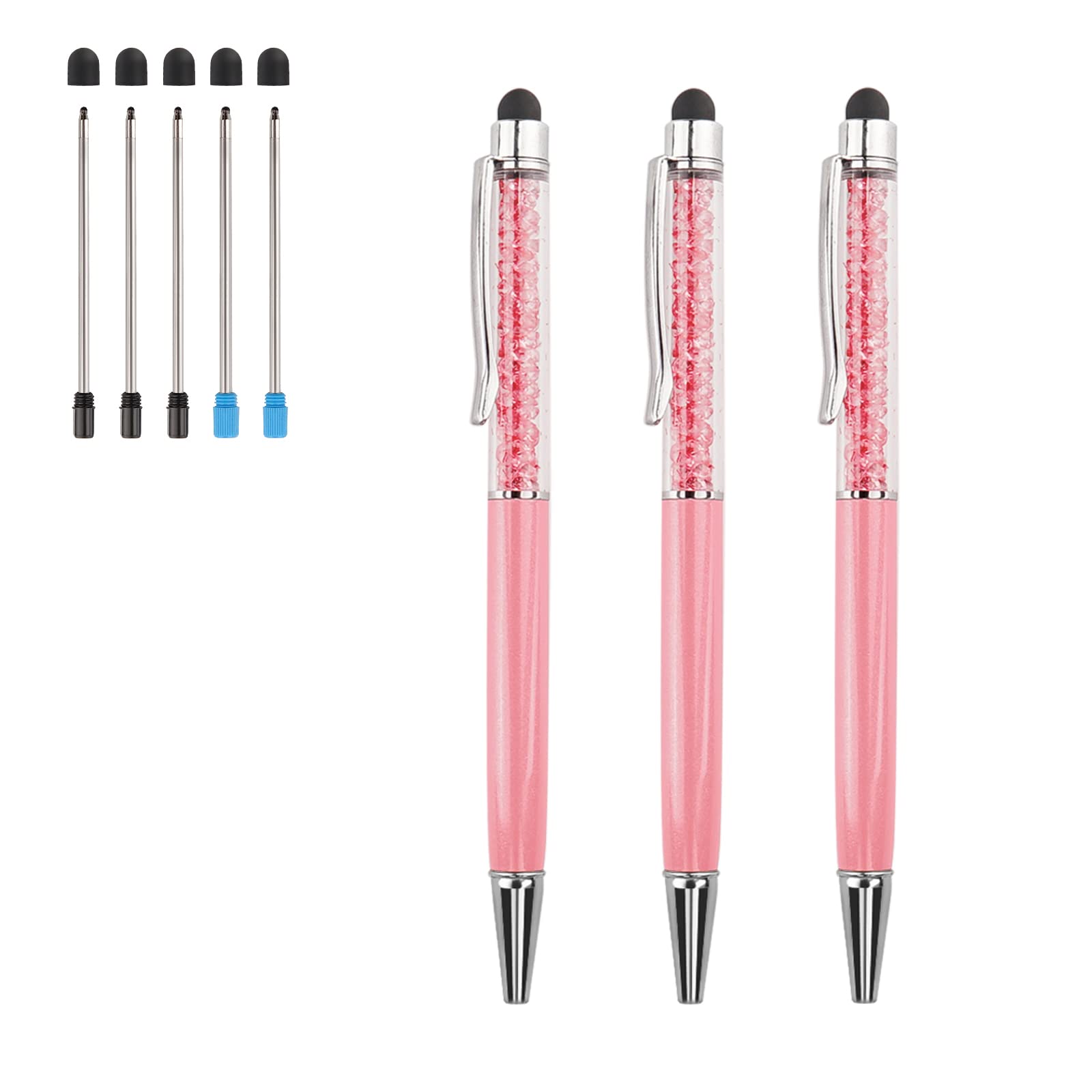 2 in 1 Bling Crystal Diamond Pen 3 Pieces Capacitive Touch Screen Stylus with Replacement Refills Black Blue Ink Rubber Tips for iPhone iPad Kindle Touchscreen Devices (Pink)