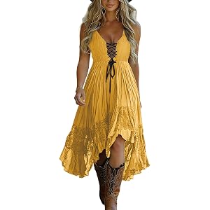 Western Dresses to Wear with Boots Lace Patchwork Sleeveless Asymmetrical Hem Gothic Dress Tie Front Plunge Sundress