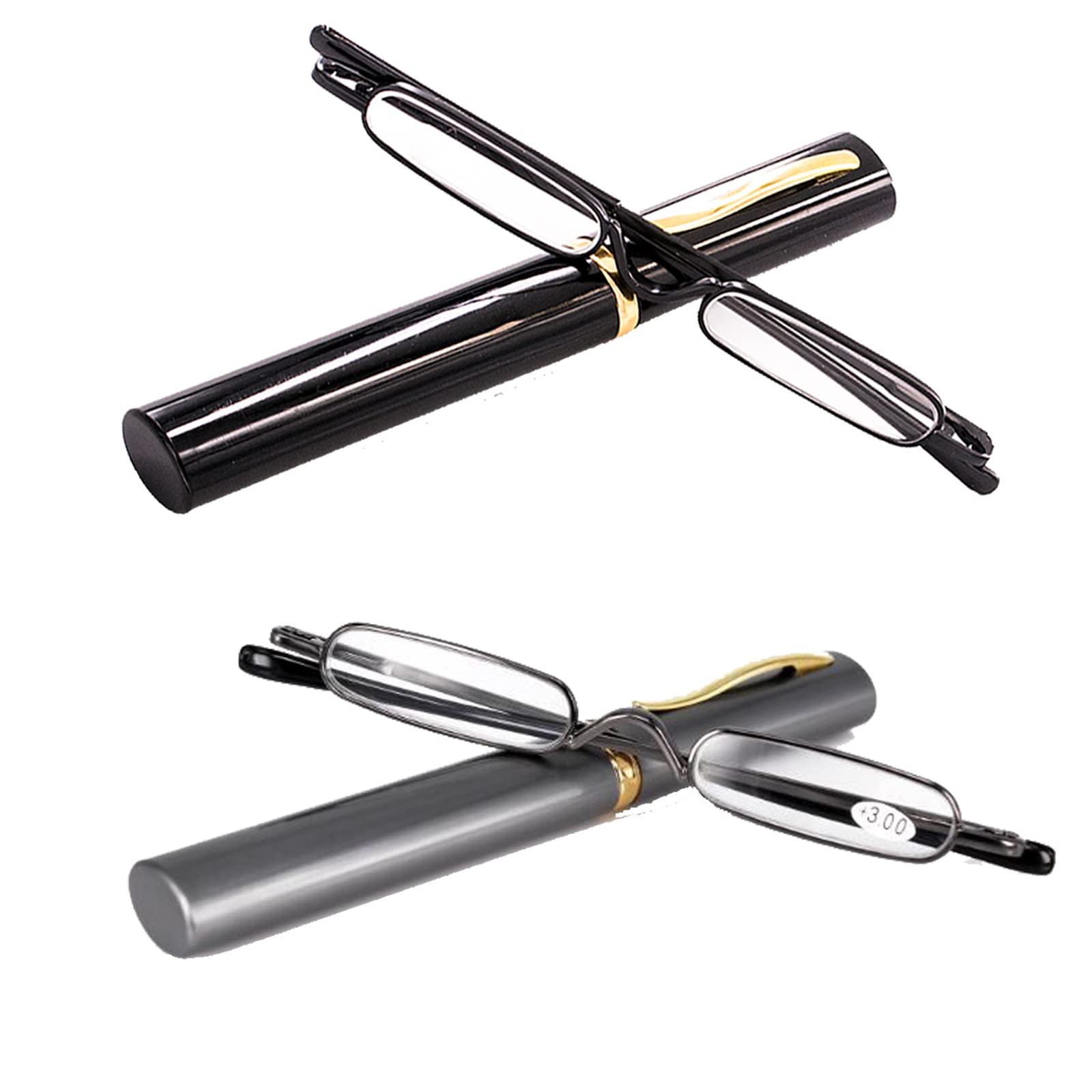 MMOWW 2 Pair Mini Compact Reading Glasses for Men Women - Superlight Metal Pocket Readers with Portable Pen Cases (Black/Gunmetal +1.75)