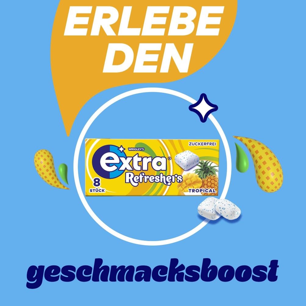 Extra Refreshers Kaugummi zuckerfrei, Tropical Gum, 12 x 8 Dragees, Großpackung Chewing Gum, Xylitol Kaugummi ohne Zucker (96 Dragees) 5