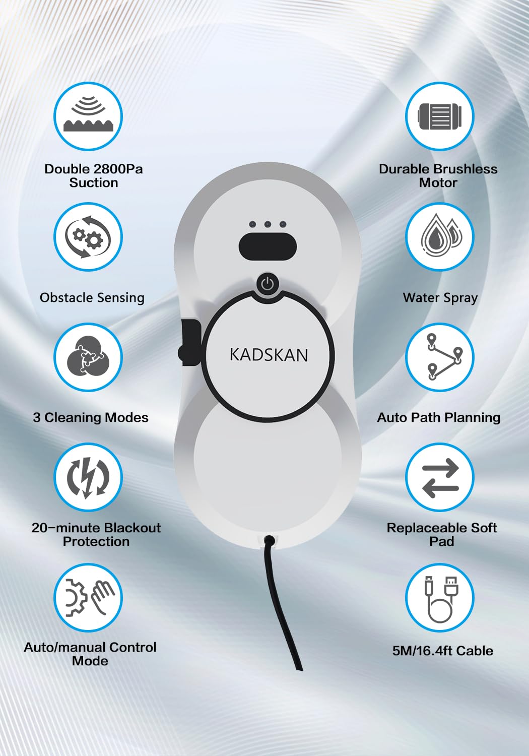 KADSKAN Robot de limpieza de ventanas, limpiador automático de ventanas con pulverizador de agua para ventanas/azulejos/puertas de clase, interior/exterior, potencia de succión 5600 Pa, planificación de ruta 3.0, control remoto