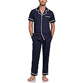 CF Men's 100% Cotton Pajama Sets Button Down Pj Sets Short Sleeve Top & Long Pants Loungewear Lightweight with pockets