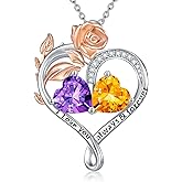 DONGHU Rose Heart Birthstone Necklace Sterling Silver Two Heart Birthstone Necklace for Women 2 Birthstone Heart Pendant Birthday Christmas Valentine's Day Gift for Wife Mom Lady