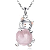 Vadmans Cat Necklace 925 Sterling Silver Rose Quartz Pendant Jewelry for Women Cat Lover Gifts