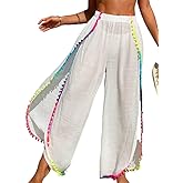 ZAFUL Bathing Suit Cover Up for Women High Waisted Side Slit Beach Pants with Colorful Pom Pom Trim