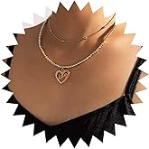 Andelaisi Boho Layered Crystal Heart Choker Necklace Vintage Letter Love Heart Pendant Necklace Gold Hollow Heart Necklace CZ Heart Ball Chain Necklace Jewelry for Women