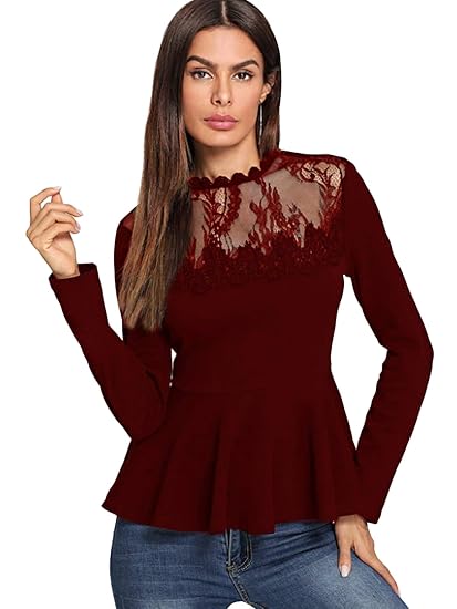 SOLY HUX Damen Elegant Peplum Shirt Mit Spitze Stehkragen Langarmshirt Oberteile