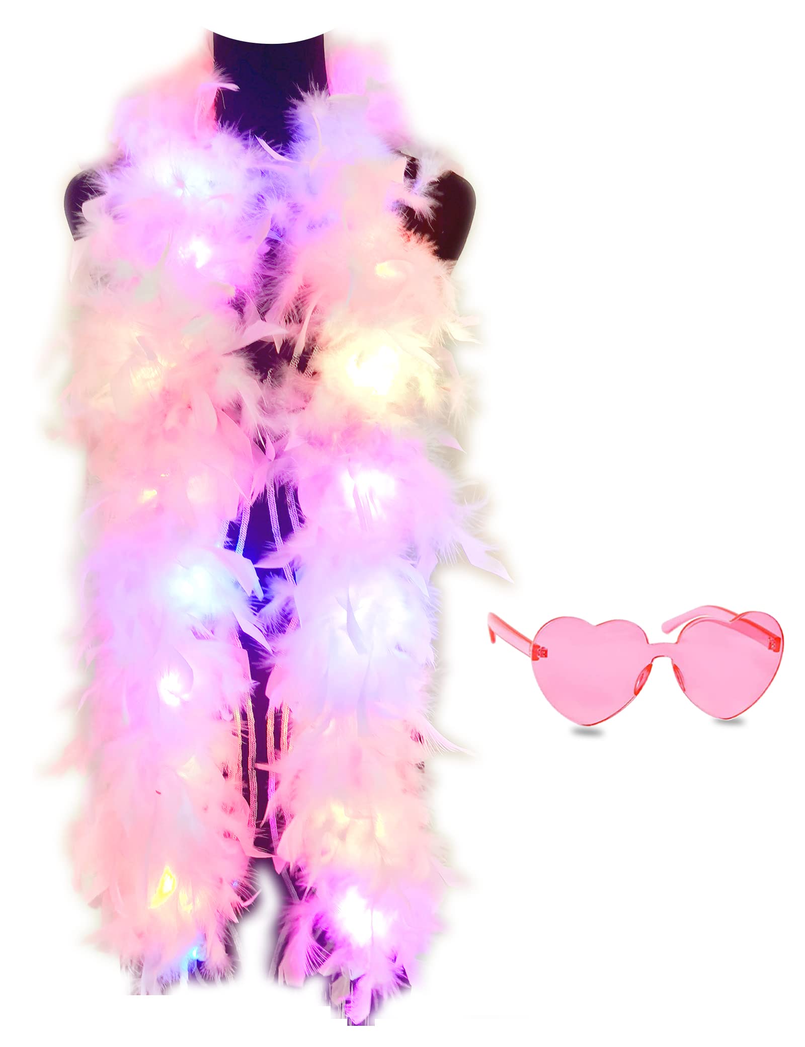 JIANGLAI Colorful Feather Boas, 6.6ft Boa with 20 Color LED Lights for Women for Dancing Wedding Party Halloween,with Heart Sunglasses (Pink)