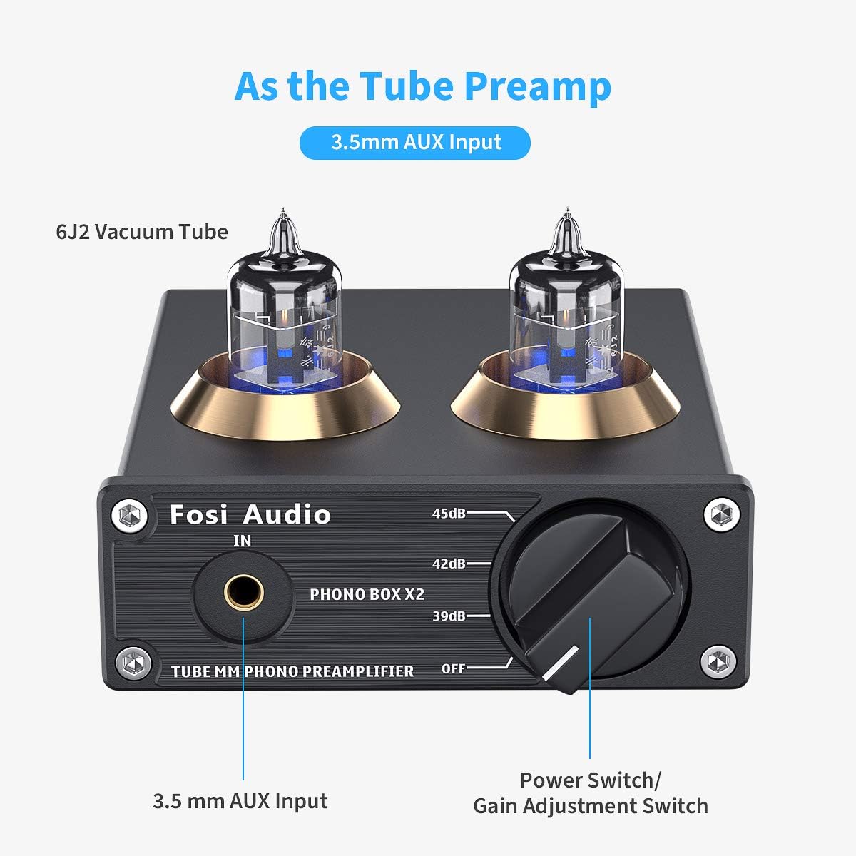 Fosi Audio BOX X4 Phono Preamp Headphone Amplifier/Preamplifier Hi-Fi Pre Amp with JAN 5725W Vacuum Tubes for MM Turntable Phonograph Record Player with Volume Bass Treble Control - Image 3