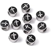 LiQunSweet 10 Pcs Stainless Steel European Beads Enamel Black 5mm Large Hole Beads Flat Round Cross Bead Spacer for Jewelry Making - 11x8mm