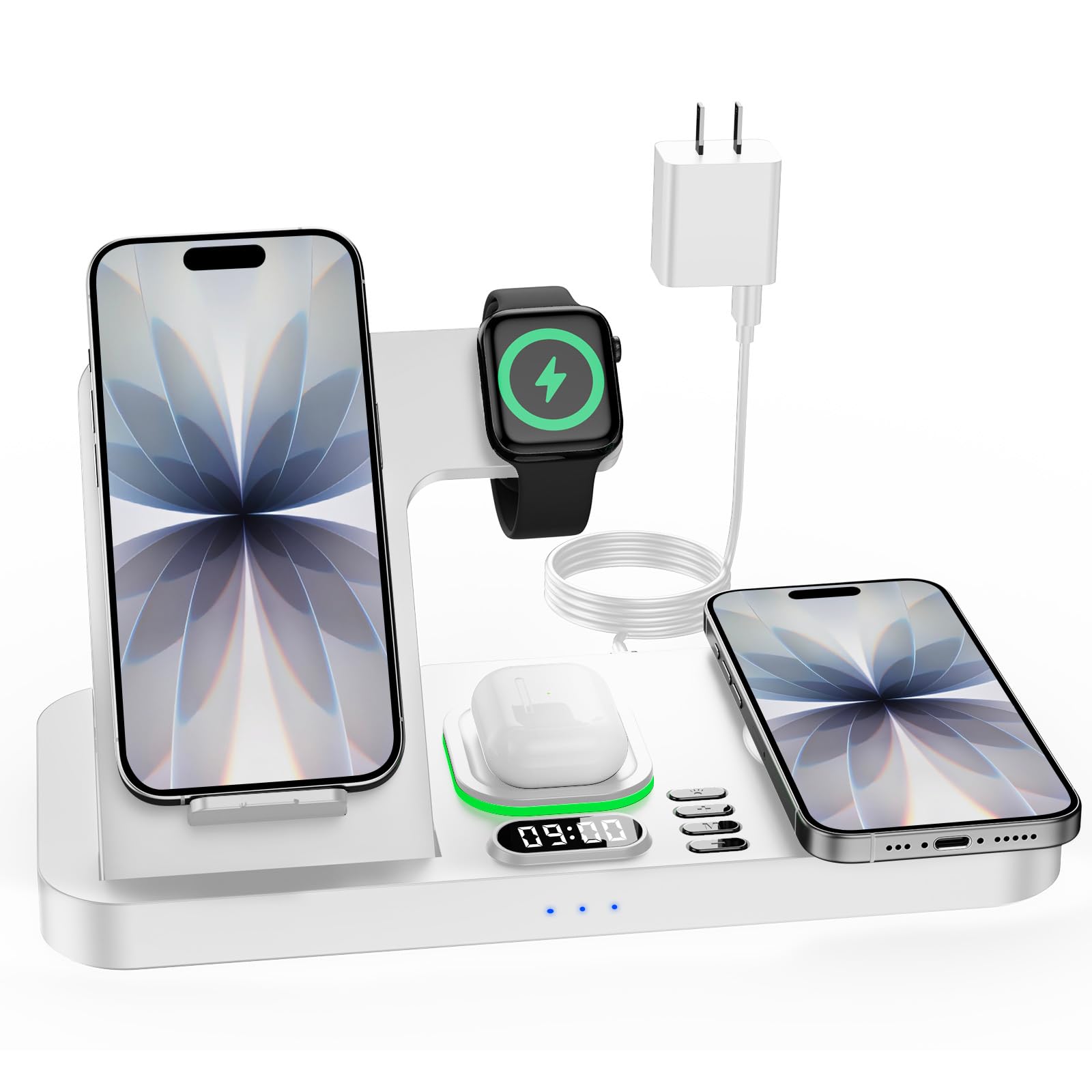 Dual Phone Wireless Charging Station for Apple Devices, Magnetic Charging Station for iPhone with Auto Switch 7-Color Light&Clock, Family Watch Charger for iPhone17 for iWatch11 for AirPods Pro3(Snow)