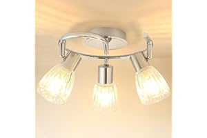 HiBay 3-Light Ceiling Light Fixture, Directional Modern ChromeTrack Lighting w/Glass Shades, Flush Mount Ceiling Spotlight Indoor for Kitchen, Bedroom, Living Room, E12 Base, No Bulbs