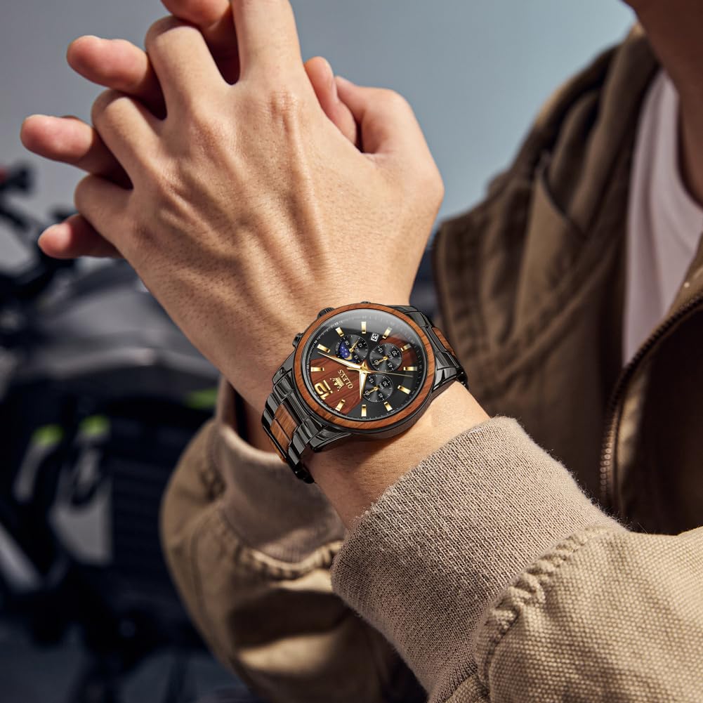 OLEVS Men's Watch Analogue Quartz Wooden Wristwatches Luxury Dress Chronograph Stainless Steel Waterproof Luminous Watches Men's Gift