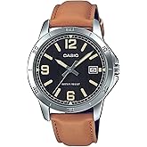 Casio MTP-V004L-1B2 Men's Stainless Steel Brown Leather Band Black Dial Date Watch