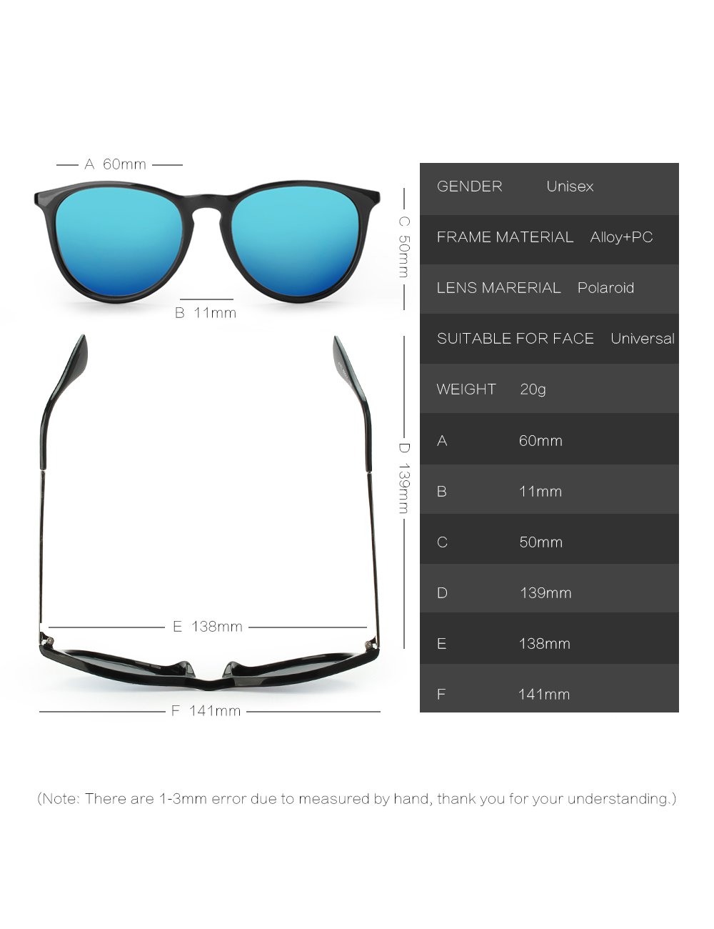 WELUK Wayfarer Sunglasses Polarized Women Men 60mm Round Retro Large Lens (Black & Blue, 60)