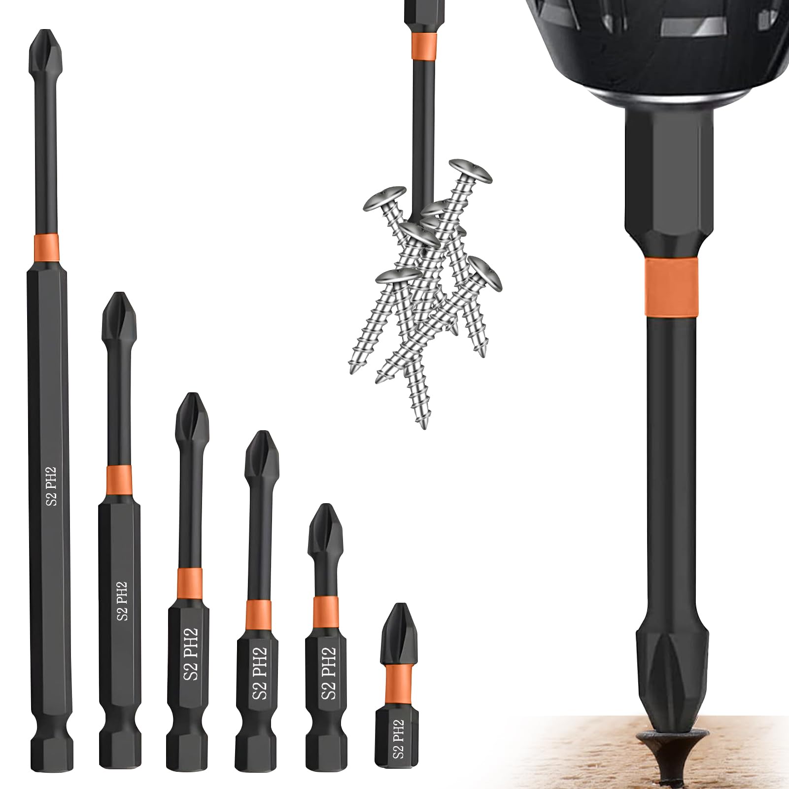 Magnetic Screwdriver Bit Set,6Pcs Anti-Slip Screw Extractor Cross Slot Screwdriver,Magnetic Head Bits Screw Extractor Cross Slot Screwdriver,S2 Alloy Steel PH2 Cross 1/4 Hex Shank for Electric Drill