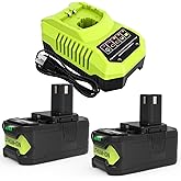 2-Pack 18V 8000mAh P108 Replacement for Ryobi 18V Battery and P117 Charger Compatible with Ryobi 18 Volt Lithium Battery P102 P103 P104 P105 P107 P109 P108 P190 P122 Cordless Power Tools (Green)