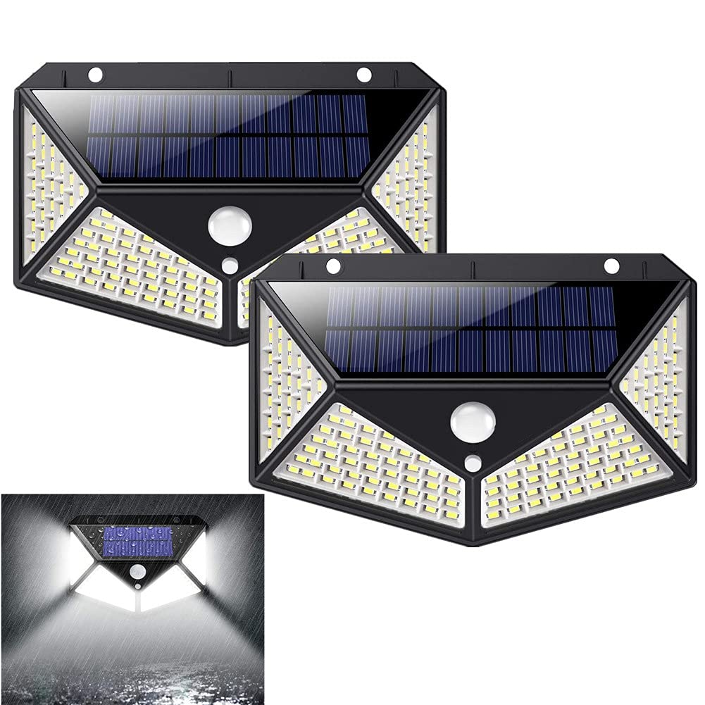 BoYeeBo Pack of 2, 100 LED Outdoor Solar Powered Lights Waterproof Motion Sensor Wireless Security Wall Lights for Outside Porch Garden Front Door Yard, 3 Modes