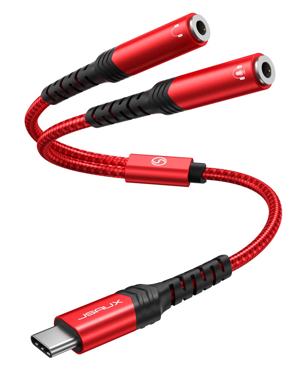 Photo 1 of JSAUX USB C to Dual 3.5mm Female Headphone Splitter, Type C to Dual 3.5mm Female Aux Y Jack Headphone Adapter Compatible with iPhone 16 Pro Max/15 Pro Max, Galaxy S24/23 Ultra, Pixel, iPad Pro-Red