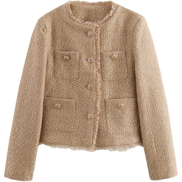 Amazon.com: Women Tweed Jacket Frayed Cropped Crew Neck Casual