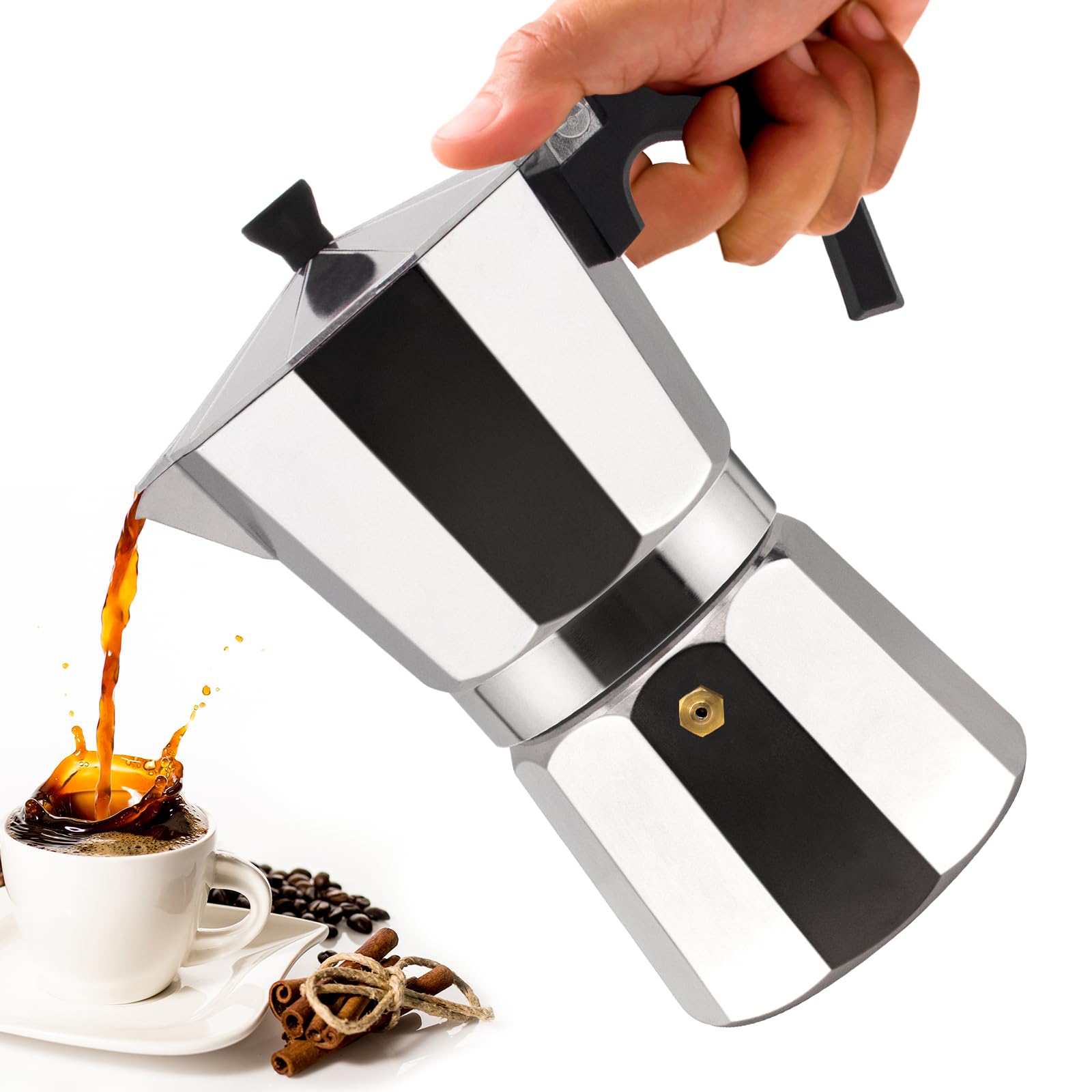 Photo 1 of Vaolvpant 2 Cup Aluminum Moka Pot Classic Stovetop Espresso Coffee Maker 100ml 3.4oz Coffeemaker Percolator Mocha Pot Greca Coffee Maker Cafe Makers for Italian and Cuban Café Brewing Silver