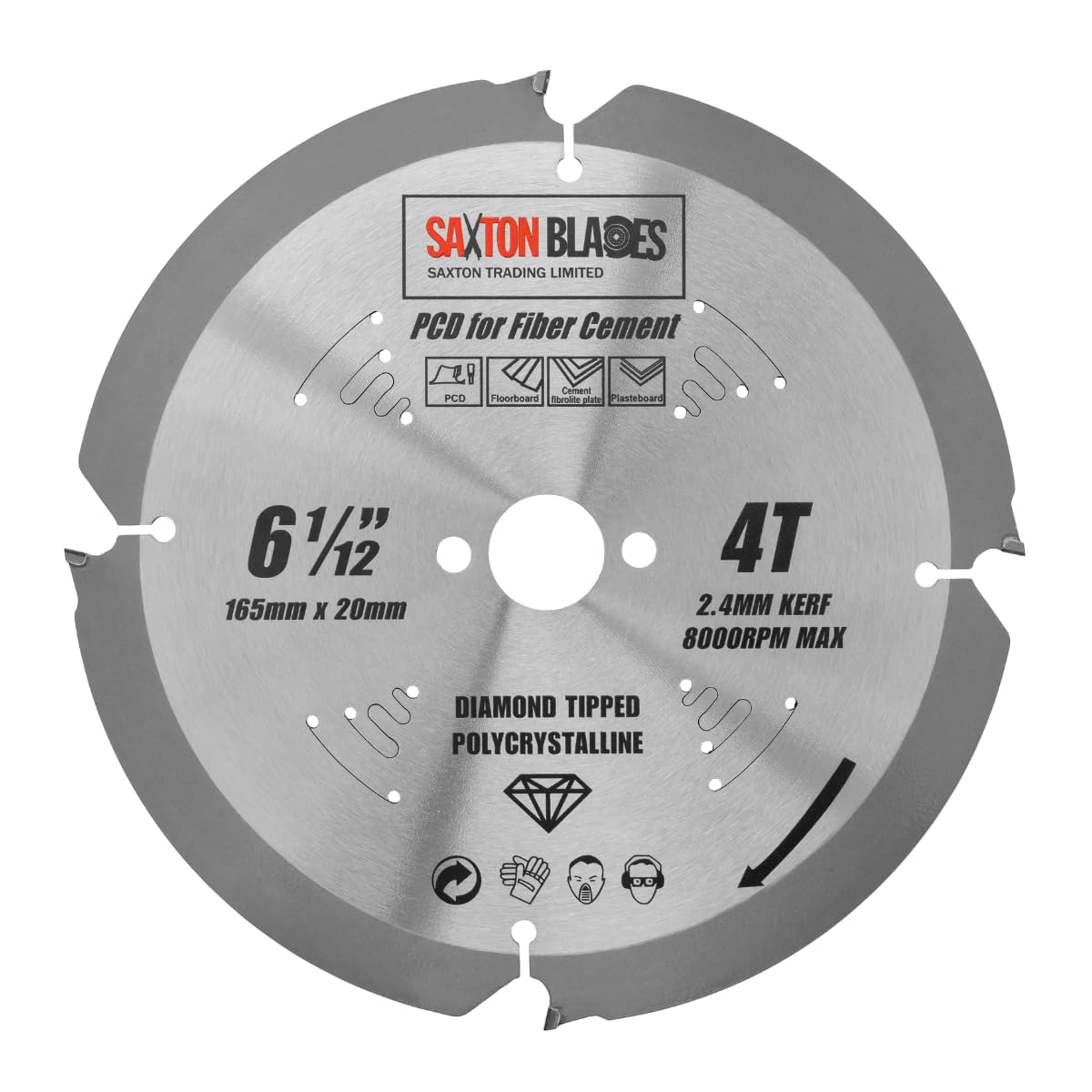 Saxton PCD Circular Saw Blade, 165mm x 4 Teeth x 20mm Bore, Polycrystalline Diamond Tipped Fibre Cement Board, Hard Materials