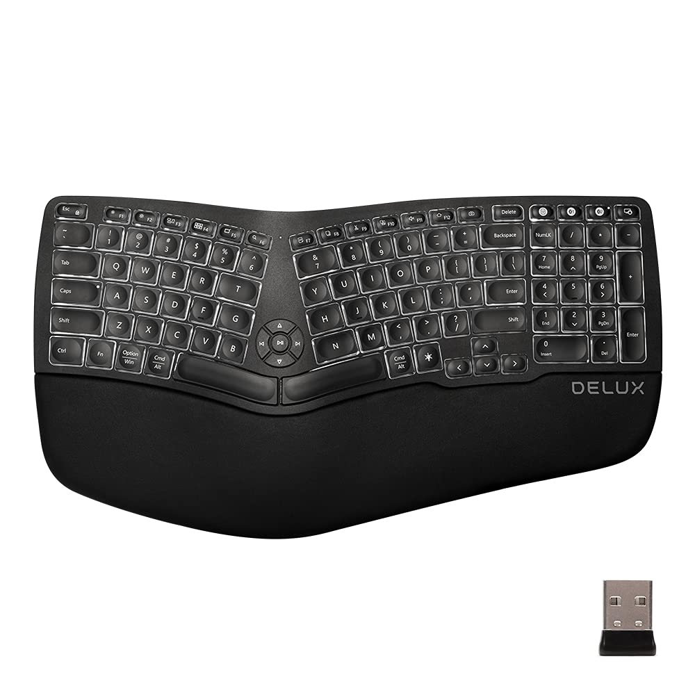 DeLUX Ergonomic Keyboard, Wireless Ergo Split Keyboard with Backlit for Natural Typing and Reduce Hands Pain, USB Receiver, BT5.0, US Layout, Scissor Switch and Palm Rest (GM902A-Black)