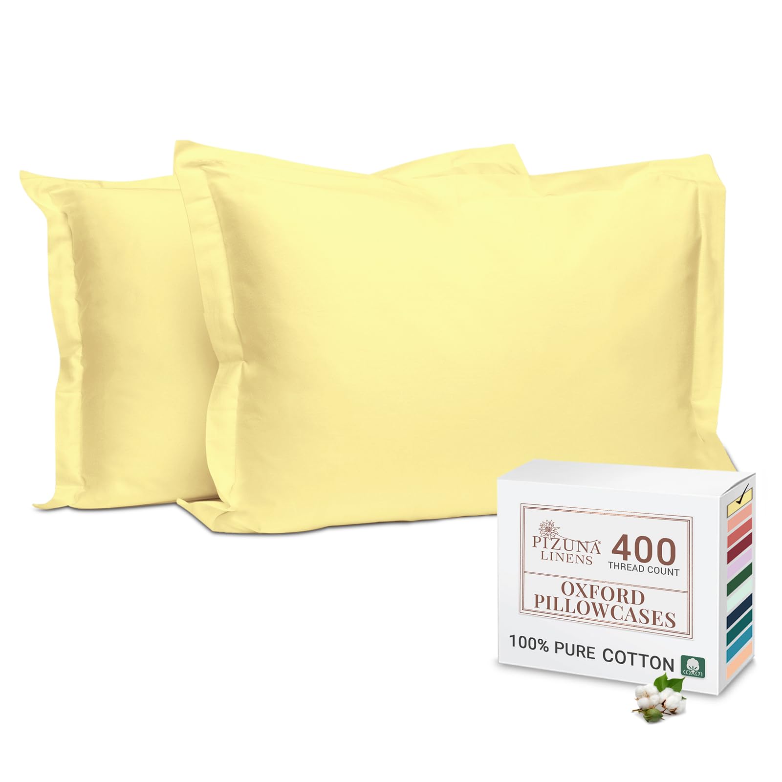 Pizuna 100% Cotton Long Pillow Cases 2 Pack 50x90cm King Size Pillow Covers Mellow Yellow, 400 Thread Count Long Staple Combed Cotton Pillowcases, Luxurious Soft Sateen Large Pillowcases 2 pack