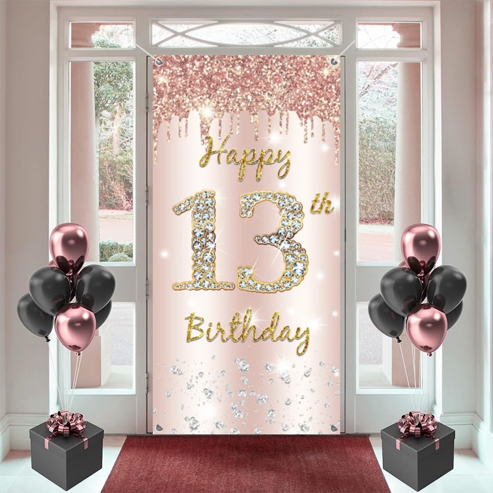 13th Birthday Decorations for Girl, Happy 13th Birthda y Backdrop Banner Rosegold Fabric Sign Poster, Girl 13 Birthday Door Banner Party Welcome Sign