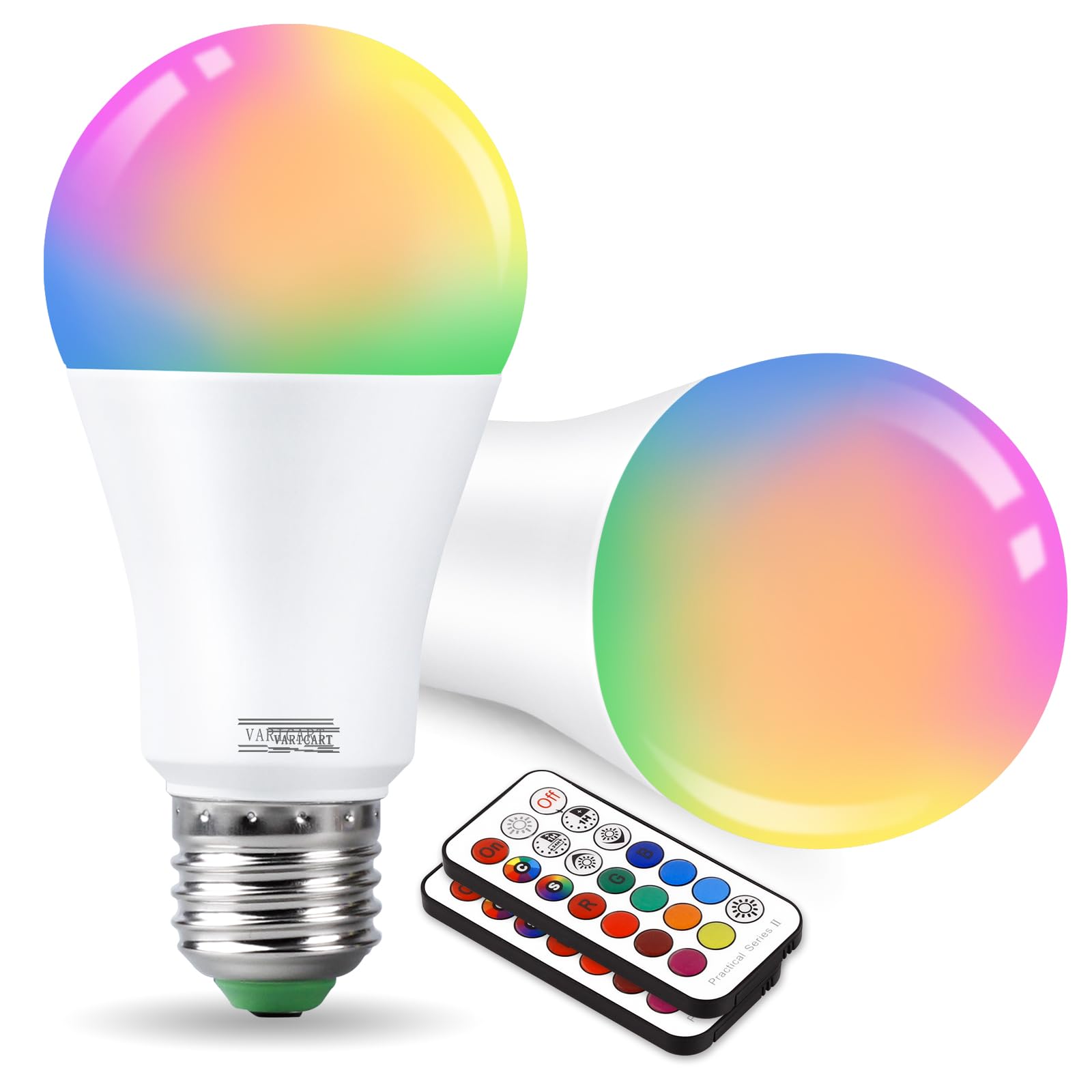 VARICART E27 10W LED Light Bulb Edison Screw, RGB + Warm White 3000K, Dimmable 12 Colour Changing + 5 Modes, Built-in Memory with Remote, 75W~100W Equiv. Globe for Everyday & Mood Lighting (Pack of 2)