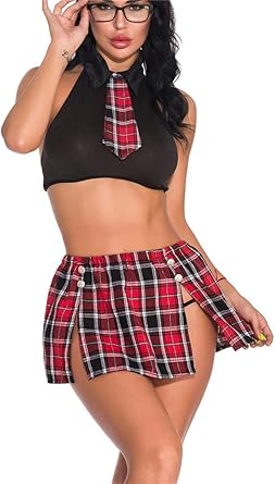 Seazoon Women Sexy Short Sleeve Schoolgirl S Costumes Cosplay Lingerie Plaid Mini Outfit Skirt Set