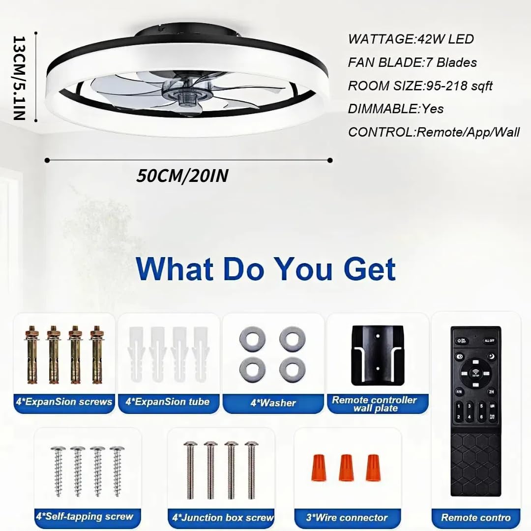 DWDVBL 50CM Modern Ceiling Fans with Lights Reversible Fans with Remote Smart Lighting Timing 6 Speeds Low Profile Ceiling Fan with Light Dimmable LED Fan Light Flush Mount for Bedroom