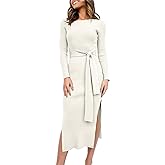 ANRABESS Womens Long Sleeve Sweater Dress Crew Neck Slim Fit Slit Tie Waist 2025 Ribbed Knit Bodycon Midi Dress Fall Outfits