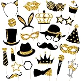 Black and Gold Party Photo Booth Props,24 Pieces Photobooth Picture Pose Sign Kit for Birthday Wedding Party Memorable Photos