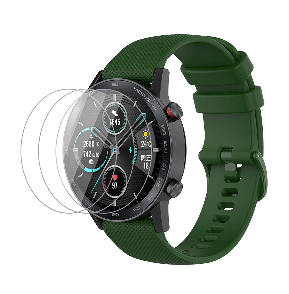 NOKOER Strap for Honor Magic Watch 2 46mm, [2 in1] Soft Silicone Watch Strap + 3 Pack TPU Screen Protector, Strap Replacement [Wear-resistant] [breathable] for Honor Magic Watch 2 46mm - ArmyGreen