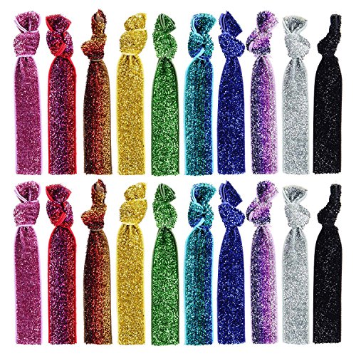 eBoot 20 Pieces Hair Bands Ponytail Holders No Crease Elastic Hair Ties Glitter Hair Ties for Women Girls Kids, 10 Colors