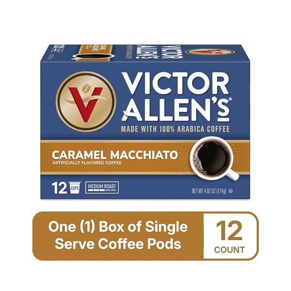 VICTOR ALLEN’S COFFEE CARAMEL MACCHIATO FLAVORED, 12 COUNT, MEDIUM ROAST, SINGLE SERVE COFFEE PODS FOR KEURIG K-CUP BREWERS