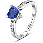 Vito 925 Sterling Silver Birthstone Rings for Women, Adjustable Open Heart Cubic Zirconia Birthstone Band Ring Birthday Month Jewelry Gift
