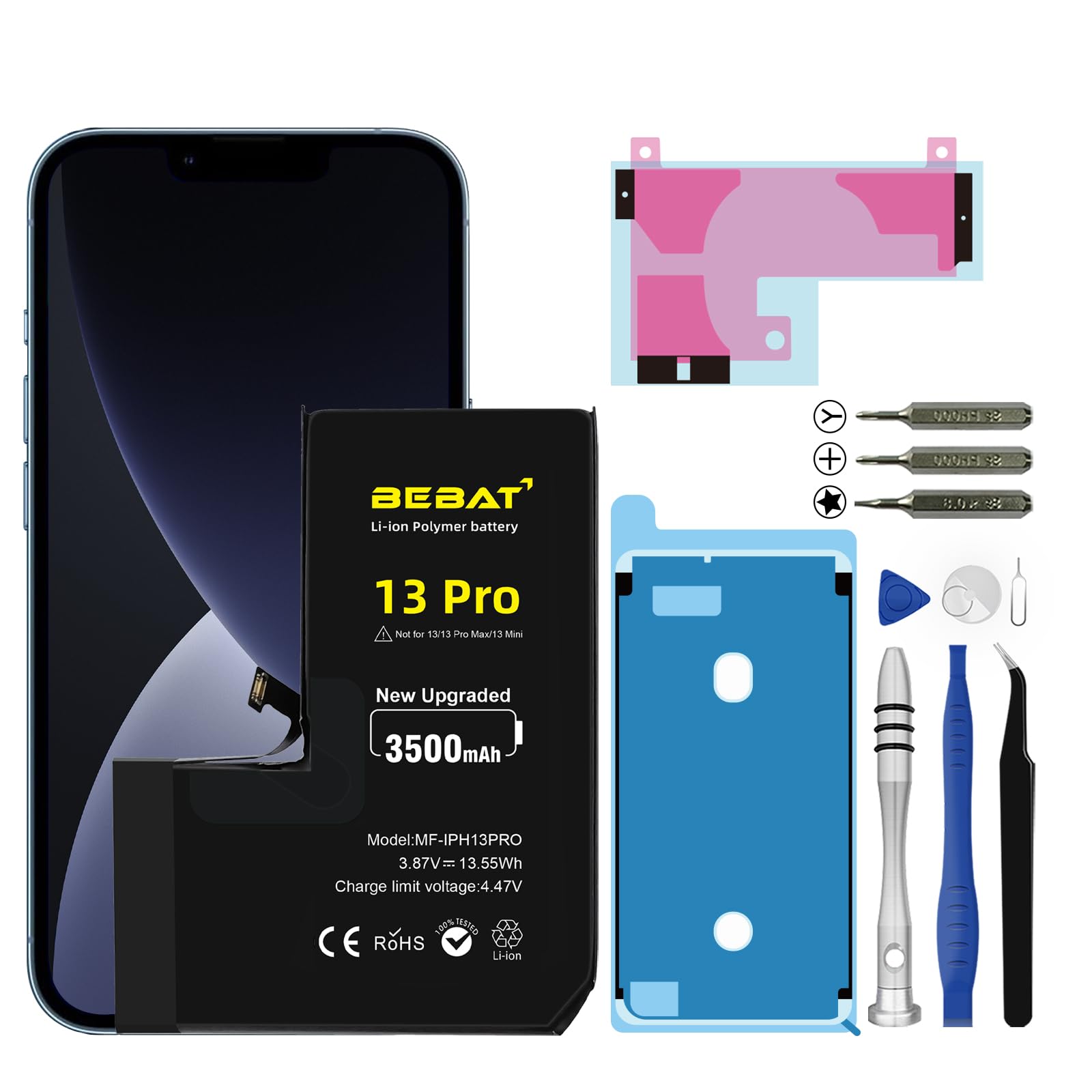 BEBAT Replacement for iPhone 13 Pro Battery, 3500mAh High Capacity Li-ion Polymer Replacement Battery for Model A2640 A2639 A2638 A2636 A2483 with Professional Repair Tool Kits