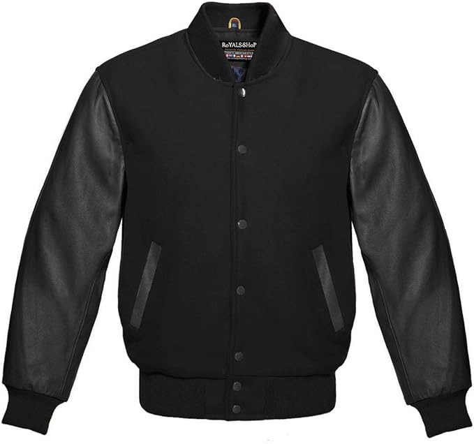 Varsity Baseball Bomber Style Men's Black Wool and Genuine Leather Sleeves Jacket at Amazon Men