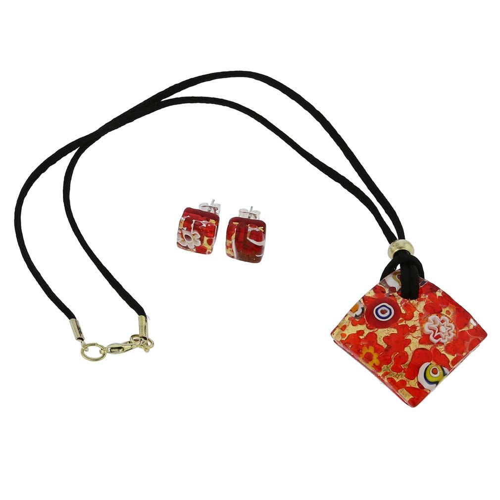 Glass Of Venice Murano Glass Venetian Reflections Necklace and Earrings Set - Red Gold