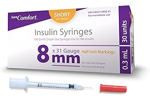 SureComfort U-100 Insulin Syringes 31G x 5/16" 3/10cc 1/2 Unit (8 mm), Quality Disposable Syringes for Diabetes Care, Box of 100