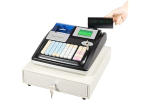 QEUSULIO 48 Keys Electronic Cash Register, Cash Register POS Systems, Square POS Terminal Cash Register with Drawer, Thermal Printer & 8 Digital LED for Supermarkets Shopping Malls Restaurants (Black)