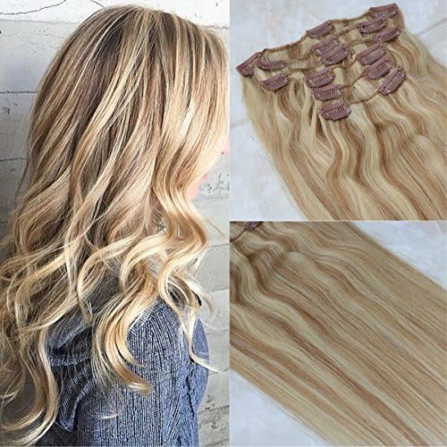 HairDancing 16" 7Pcs 120g Full Head Set Clip in Highlight Extensions Remy Human Hair Brown #18 Ash Blonde with Color #613 Bleach Blonde Hair Extensions Clip in Extensions