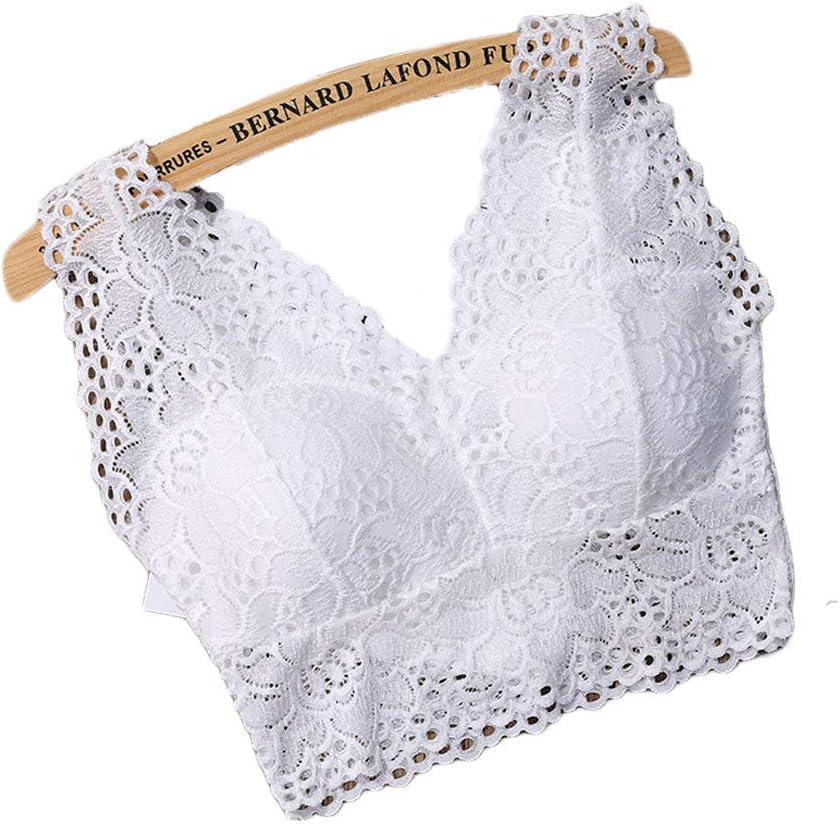Women's Lace Flower Bralette Crop Top Lace Tube Bras with Padded V Neck Casual Sleeveless Vest Cami Tank Lingerie Underwear (White)