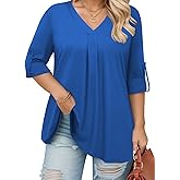 VISLILY Womens-Plus-Size-Dressy-Tops Casual V Neck T Shirts Cute Buttons Roll Up 3/4 Sleeves Tunics Flowy Pleated Blouses