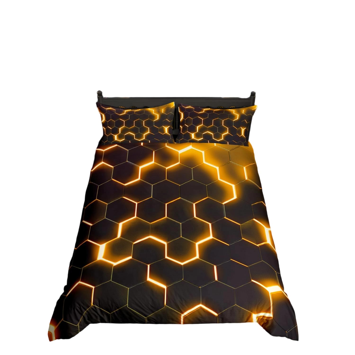 Homewish Orange and Black Print Single Bed Duvet Cover Set Neon Ombre Geometric Bedding with 1 Pillowcase, Modern Abstract Honeycomb Comforter Cover Beehive Simplistic Bed Set, Reversible